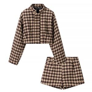 Glitz Houndstooth Black and Tan Blazer & Shorts Set